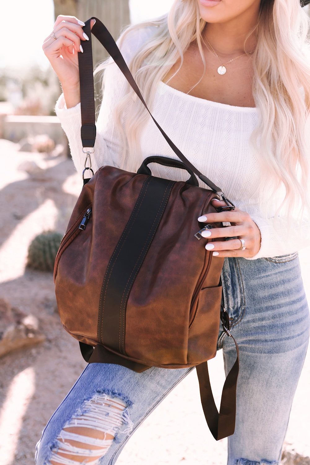 Brown boho western faux leather backpack