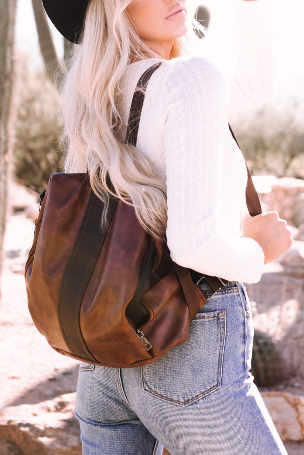 Brown boho western faux leather backpack