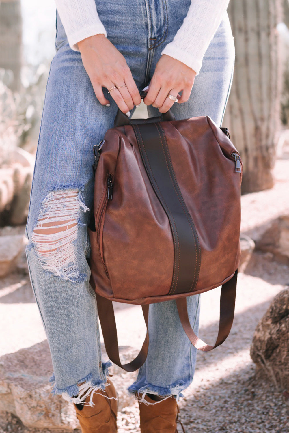 Brown boho western faux leather backpack