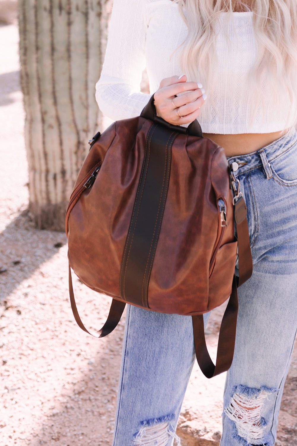 Brown boho western faux leather backpack