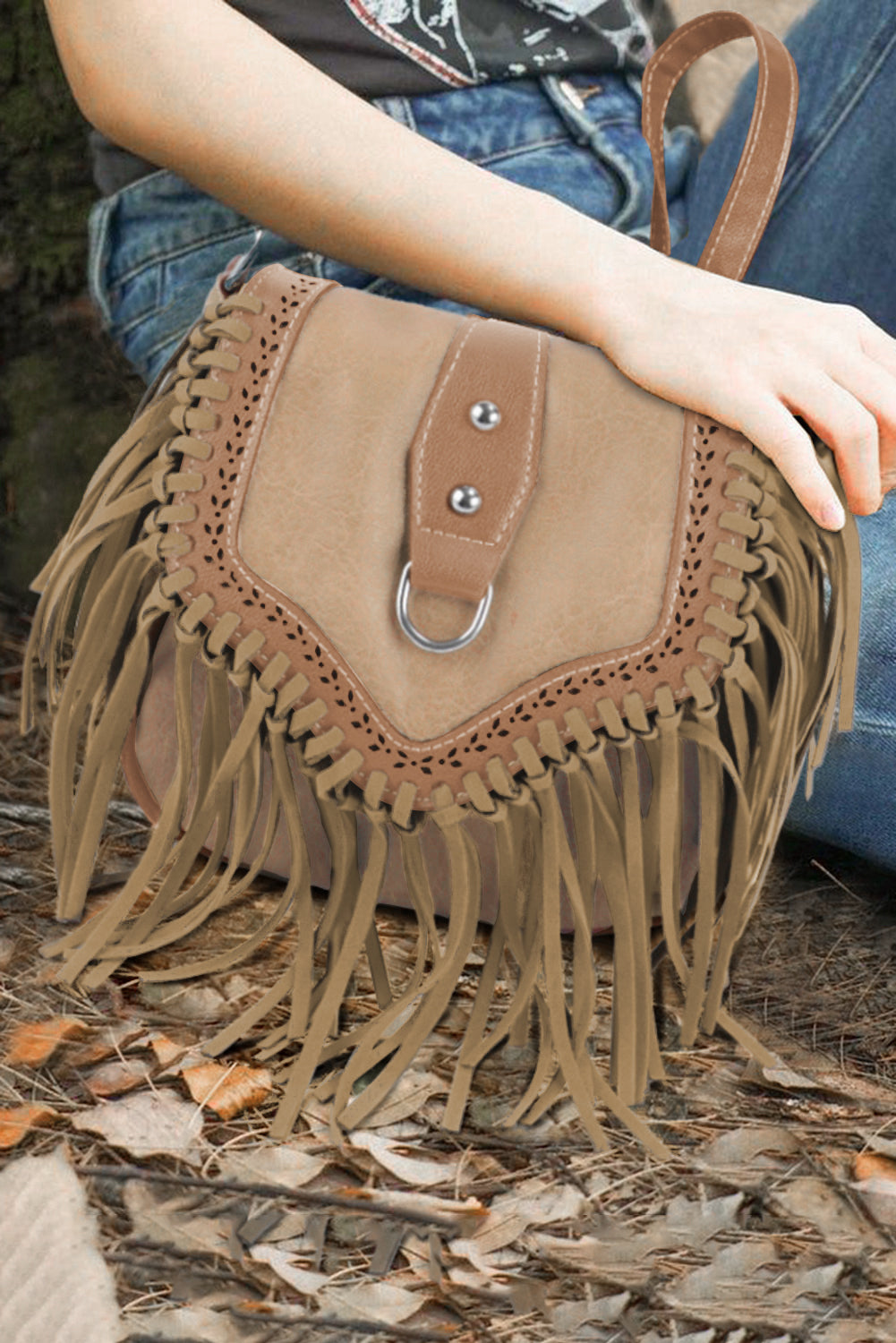 Brown boho fringe crossbody bag