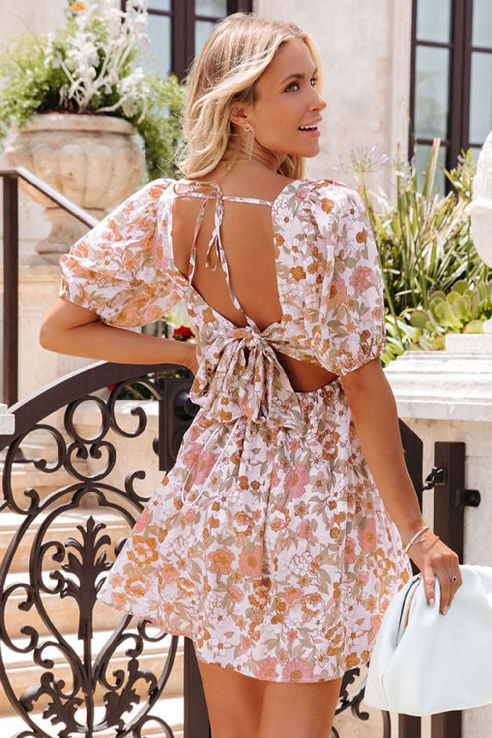 Floral print dress, backless summer dress